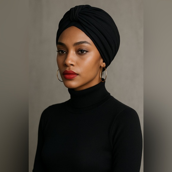 Tyrban-Tyed Accessories - Vintage Turban Tyed Black Chalma Hat 1950’s-60’s Great Condition Stretchy Fabric